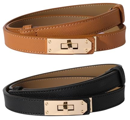 Ovekaut Women Skinny Leather Belt,Solid Color Alloy Turn Lock Adjustable Belt,Ideal for Dresses Jeans Coats Belt (Black+caramel)