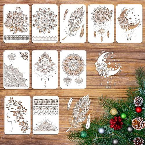 MWOOT 10 Piezas Mandalas Plantillas para Pintar Paredes y Muebles - Grande Stencil Reutilizable para Dibujar Flores en Teja (29x21CM)