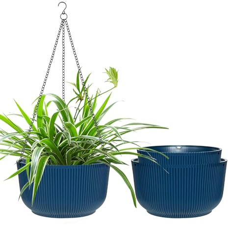 RooTrimmer Hanging Planters 9/10/11 Inch for Indoor Plants, 3 Pack Plant Hanger Outdoor with Drainage Holes, Self Watering Hanging Basket Flower Pot for Garden Home Decor, Dark Blue