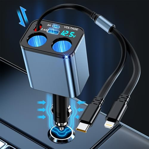 Zigarettenanzünder Verteiler 80W USB C Auto Ladegerät Zigarettenanzünder Steckdose Adapter 12V/24V USB Verteiler Auto 2Mehrfach Steckdose Splitter mit LED Voltmeter für iPhone Samsung GPS Kamera Navi
