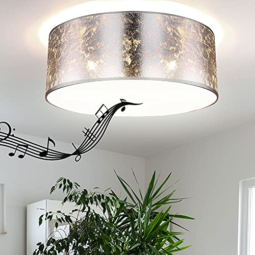 Deckenlampe mit Bluetooth Lautsprecher 40 cm Schlafzimmerlampe silber Deckenlampe Wohnzimmer, Fernbedienung dimmbar, 3x RGB LED 8,5W 806Lm warmweiß, H 17,5 cm