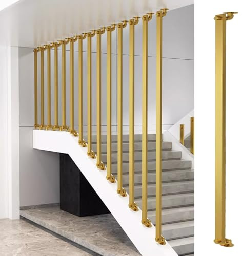 Side-Mounted Staircase Balusters Fence, Removable Spindle Post for Level/Slope Stair Guardrail, Customizable Support Pillar with Mounting Bracket(Gold,90cm/35.4in/2.95ft)