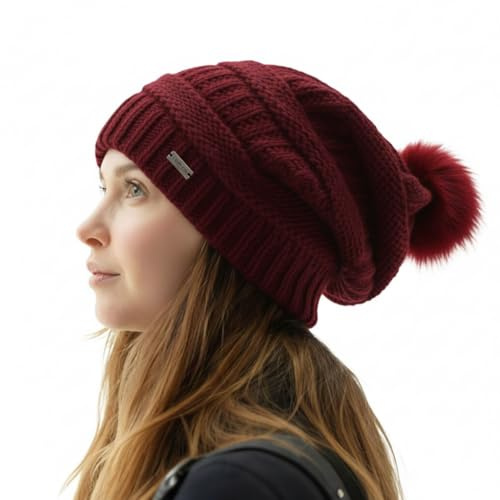 TOP-EX Warme Wolle Winter Beanie Damen mit Fellbommel - Satinfutter, Winddicht und ideal für Outdoor-Aktivitäten - Weinrot