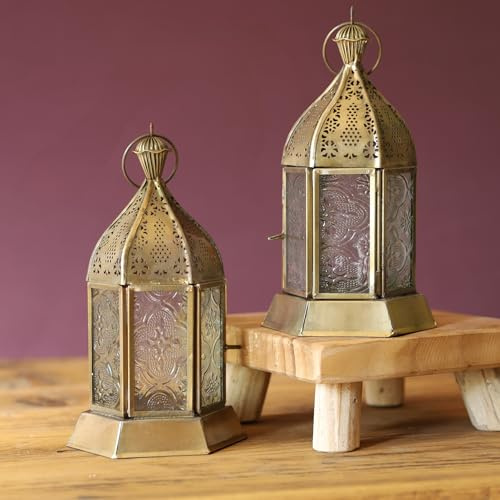 Set mit 2 Teelichtern aus Eisen und strukturiertem Glas, marokkanisch, antiker Messing-Stil, Laterne, Geschenk