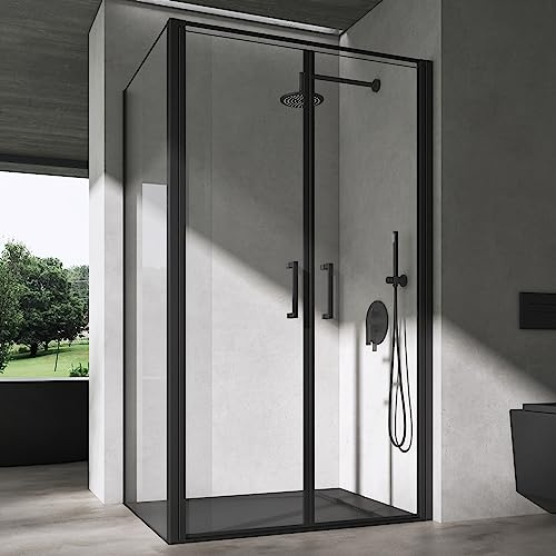 doporro Duschkabine 100x140x195cm Eckdusche Klarglas ESG-Sicherheitsglas | Inkl. Nano-Beschichtung | flexible Links-/Rechtsmontage | stabiler Aluminiumrahmen in Schwarz | 8mm ESG-Glas | Ravenna66k