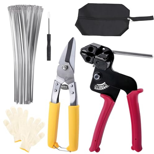 LEONTOOL Cable Tie Gun with 100pcs 4.6 x 300mm Self-Locking Stainless Steel Zip Ties, Metal Zip Ties Tool Heavy Duty Outdoor Fastening Cable Tie Gun Tool for Chain Link Fence Exhaust Pipe Chicken Wire