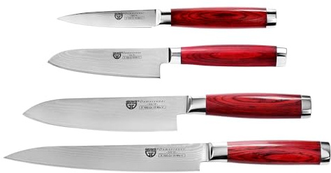GRÄWE 4-teiliges Damastmesser-Set Pakkawood, Profi Küchenmesser: Allzweckmesser, Santokumesser, Chefmesser & Filetiermesser, Scharfe Klingen, 66-Lagen Damaststahl, ergonomische Griffe, Geschenkbox