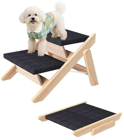 MHL.CXG Hundetreppe für Kleine Hunde, 2-in-1 Faltbare Hundetreppe/Rampe aus Holz für Betten, Sofas und Autos, Haustiertreppe und Rampe 33cm Hoch, leicht zu bewegen katzentreppe, bis zu 80 KG | Tragbare Hundeleiter bis zu 81,6 kg für ältere / kurzbeinige Hunde, Stufen für Betten, Couch