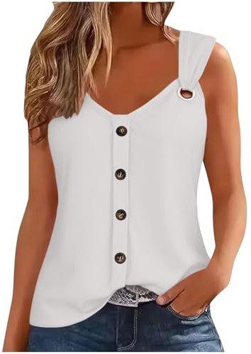 Vest Tops Women V-Neck Camisoles Button Strap T Shirts Ladies Summer Tops Elegant Going Out Cami Tops Regular Fit Sleeveless Tshirt Swing Vests Blouses Solid Loose Tank Top UK