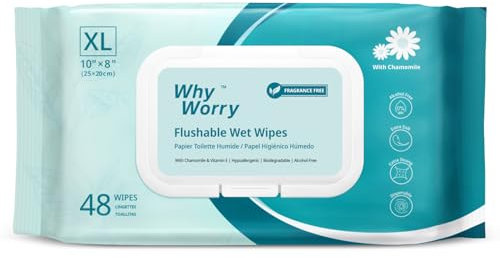 WhyWorry XL Papel Higiénico Húmedo Desechable con Manzanilla y Vitamina E por WC, Extra Grandes 20x25 cm Toallitas Húmedas para Limpieza Íntima, Biodegradable y Sin Plástico, sin Perfume, 48 Unidades