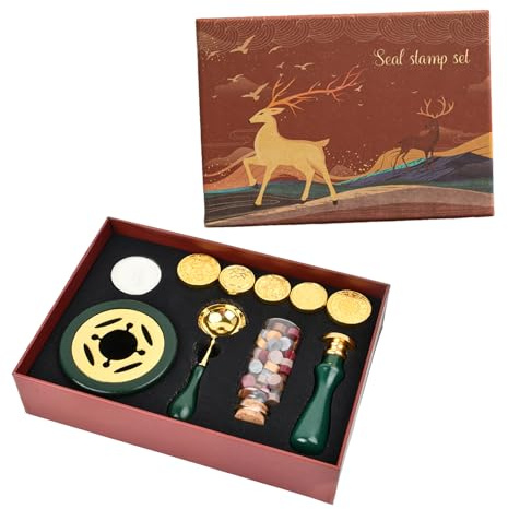 Vaxsigillstämpelsats, sigillvaxpärlor, sigillset med 6 stämpelhuvuden, vaxsigillstämpel, vintage, sigillvaxpärlset, trähandtag, sigill, sked, vitt vax för inbjudningar, kort (A)