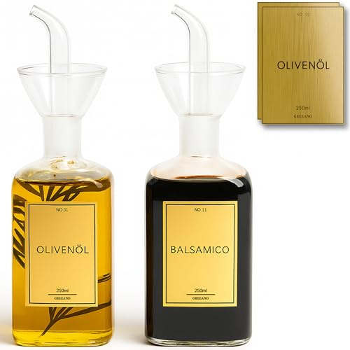 Greeano Ölflasche aus Glas 250ml [2er Set] – Gold | Tropffrei & auslaufsicher | Olivenöl Flasche mit Ausgießer & 18 goldenen Etiketten | Öl und Essig Spender, leicht zu reinigen