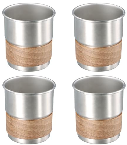 Kioiner 4 Stück 300ml Edelstahlbecher, Tragbarer Camping Becher, Edelstahl Tasse mit Tassenschutz aus Holz, Edelstahl Bierkrüge, Silber