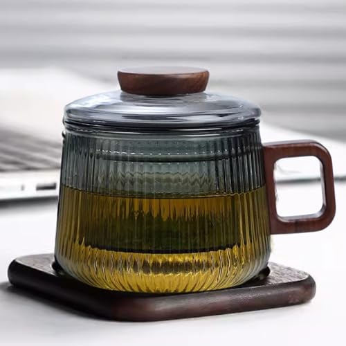 JanYoo Glas Teetasse mit Deckel und Sieb,200ml Nussbaumholz Losen Teebecher Teeglas Teebecher aus Borosilikat Glas Tasse mit Holzuntersetzern,Graue Streifen