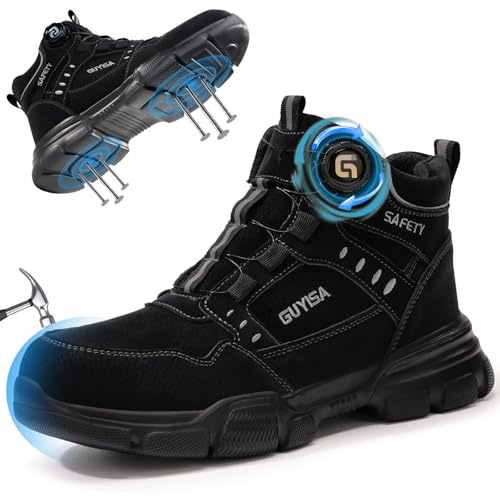 GUSAYEX Steel Toe Cap Safety Boots Mens Lightweight Work Boots with Puncture Proof Midsole & Quick Lace Swivel Buckle Comfortable Safety Shoes for Construction, Warehouse，Logistics and Factory Black