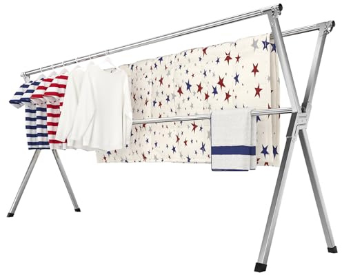SOLVESTIS Clothes Drying Rack, Heavy-Duty Folding Laundry Drying Rack for Indoor Outdoor Use, 50.4-78.7 Extendable Stainless Steel, Space-Saving Design, Foldable Freestanding Airer