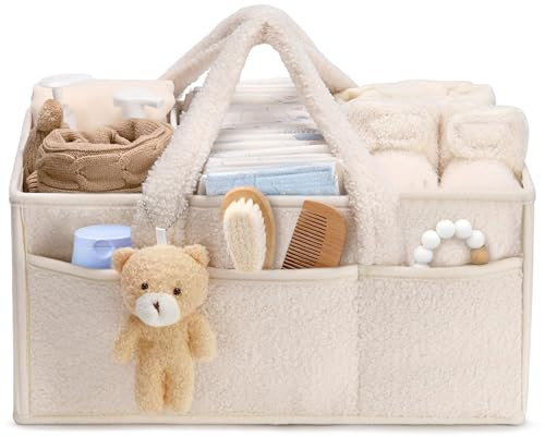 Tuocal Wickeltisch Organizer, Baby Windel Caddy Organizer Korb mit Fächern & Griffen, Tragbarer Baby Aufbewahrungskorb für Windeln und Feuchttüche, Geschenk für Babyparty, Beige
