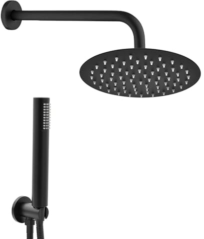 Kit doccia moderno nero opaco con soffione 25 cm, braccio 35 cm, doccino con flessibile e supporto in Acciaio inox e ABS