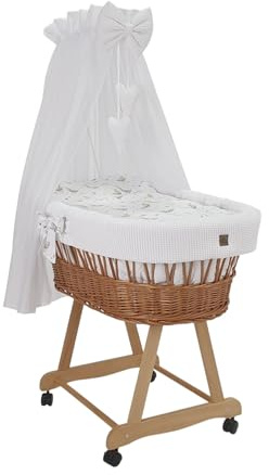Wiklinopol Stubenwagen aus Weide mit Baldachin und Gestell Lena – Moseskorb in Natur, Komplettset mit 5-TLG. Waffel-Bettwäsche Gänschen Weiß – Mit Rollen, Tragbar, Sicher