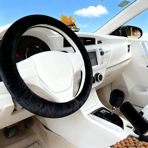 DifenzuSJ 3 Stück Auto-Lenkradhülle, Plüsch-Lenkradbezug mit Hebel- & Handbremsbezug, warm, weich, Universal, 35 – 39 cm, Schwarz
