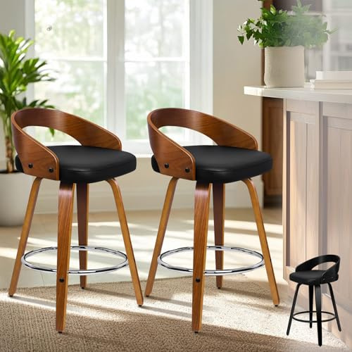ALFORDSON Bar Stools Set of 2, 360° Swivel Bentwood Barstools with Back & Footrest, 64CM Counter Height PU Leather Kitchen Chair for Breakfast Kitchen Island, Dining Room, Home Pub, Black & Brown