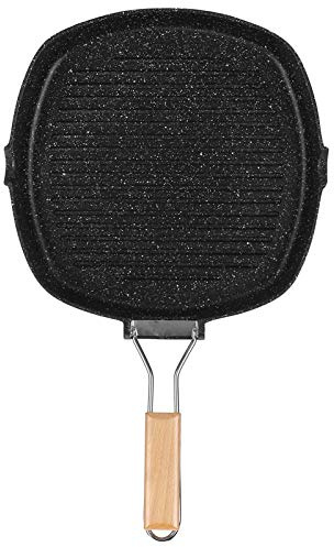 flexman Antiadhésif Grill Pan, Multi Purpose Square Steak Frying Pan avec Poignée en Bois Pliable, Grill Skillet Steak Pan pour Cuisinière à Induction, Poêle à Gaz Général
