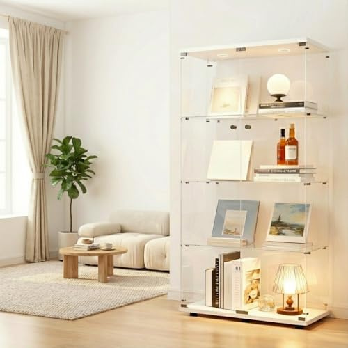 AilZylphera Vetrina in vetro, a quattro piani con doppie porte, vetrina da collezione, con serratura, per soggiorno, ufficio, sala da pranzo e camera da letto, vetrina in vetro (bianco/con L)