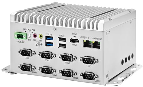 Glovary Fanless Mini PC J6412 (4C4T, up to 2.6GHz), Linux Industrial Computer Din Rail, Barebone, 8 x RS232 COM, 4K HD, 2USB3.2, 9-36V Auto Power on