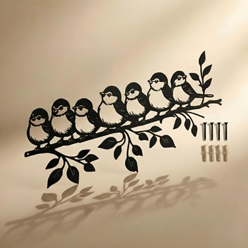 BGJJGT Metal Garden Wall Art, Weatherproof 7 Birds on Branch Silhouette Sculpture, 38cm Rust-Resistant Black Iron Fence Ornaments for Outdoor, Living Room, Shed Home Decor (Black Anti-rust Version)