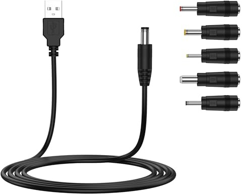 USB to DC Cable, 1M 5V 2.0 A Universal USB Power Cable Male to DC 5.5 x 2.1mm Barrel Jack Plug Charger Power Cord Adapter with 2.5x0.7mm 3.5x1.35mm 4.0x1.7mm 5.5x2.5mm 3.0x1.0mm 5 Connectors Tips