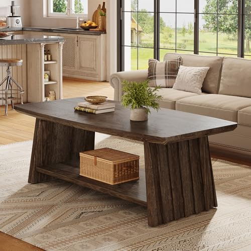 TRIBEWOOD Solid Wood Coffee Table, 47-Inch 2-Tier Farmhouse Living Room Coffee Table with Storage and Fluted Panels, Dark Wood Coffee Tables for Living Room, Lounge & Apartment