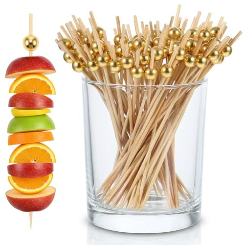 100 Stück Cocktailspieße Gold Perlen, 12 cm Spieße Fingerfood, Perlen Holzspieße, Cocktail Sticks, Zahnstocher Holz, Cocktail Deko für Party Deko, Geburtstag, Hochzeit und Antipasti