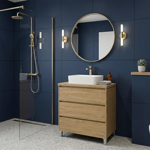 SANIVERRE Meuble Vasque à Poser sur Pied 3 Tiroirs L. 80cm Chêne Naturel Collection Salle de Bain LISBONA sans Colonne