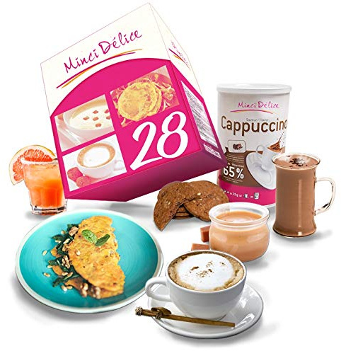 Régime hyperprotéiné sur 28 jours avec Petit-déjeuner Cappuccino - Perte de poids - Pack de 66 produits + 1 shaker + 1 guide minceur avec programme détaillé