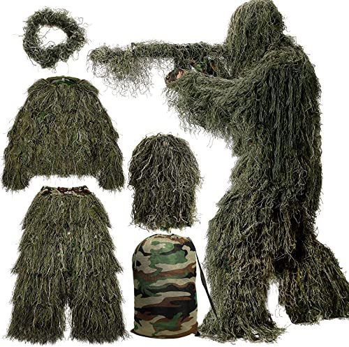 MOPHOTO Ghillie Costume de Chasse 5 en 1 pour Enfant Motif Camouflage Veste Pantalon Capuche Sac de Transport