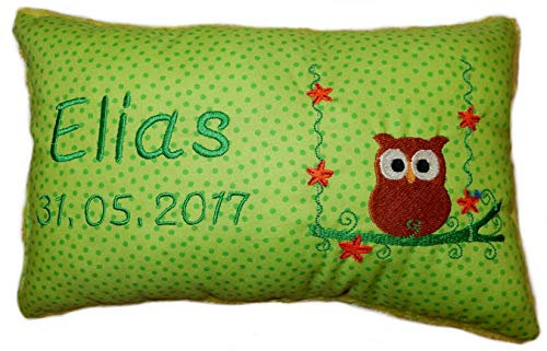Momelie Grünes Schmusekissen * Kuschelkissen * Eule * mit Namen Bestickt * 25 x 40 cm * SK-gn_0046