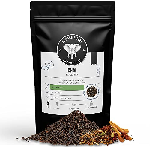 Edward Fields Tea ® - Té Negro Chai Latte orgánico a granel. Té bio recolectado a mano con ingredientes y aromas naturales y ecológicos. India. 100g / 50 tazas