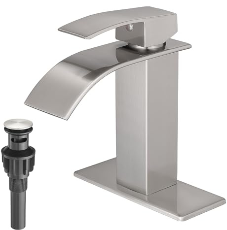 VOTON Waterfall Bathroom Faucets Brushed Nickel Modern Single Handle Sink Faucet for 1 or 3 Holes with Deck Plate and Pop-Up Drain, Rv Sink Camper Farmhouse Faucet
