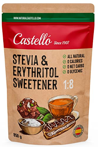 Castello since 1907 Stevia + Erythritol 1:8 Sweetener | 1g = 8g of sugar | 100% Natural taste Sugar Substitute - 0 Calories - 0 Glycemic Index - Keto and Paleo - 0 Net Carbohydrates - 850 g