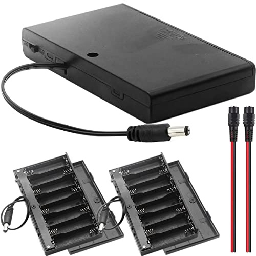 Xiatiaosann AA 12V Battery Holder Case with 2.1mm x 5.5mm DC Plug Switch, 12 Volt Power DC Jack Plastic Battery Box, 8 x 1.5V AA Battery Box On/Off Switch for Arduino RC LED Strips, 2 PCS