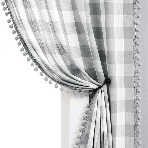 Pom Pom Check Curtains Grey White Gingham Plaid Curtain Panels for Kids Bedroom 54-Inch Farmhouse Pencil Pleat Buffalo Checkered Light Filtering Semi Sheer Window Treatments for Living Room, 40w 2pcs