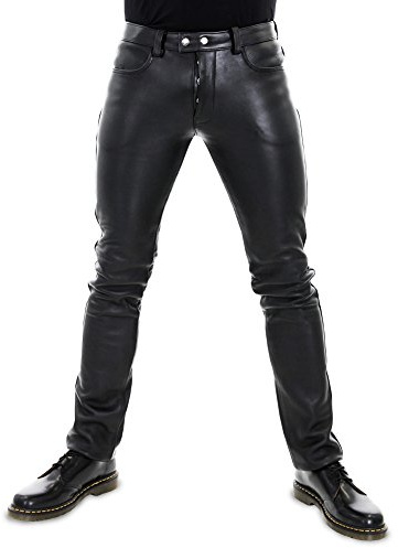 Bockle® Nya 5 BoB byxor knappar läderbyxor män jeans, Svart, 32W X 34L
