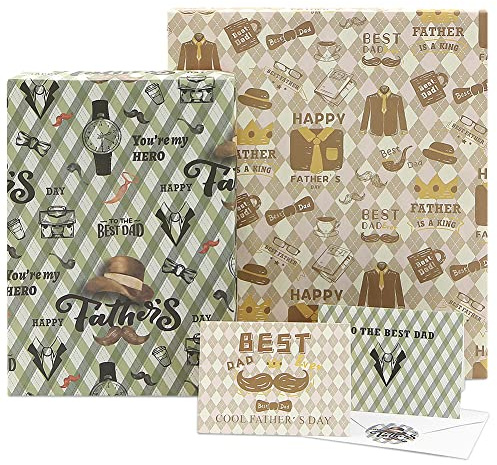 Carta da regalo per la festa del papà, carta da regalo piegata a quadri retrò, 6 fogli 50 * 70 cm riciclabile con orologio da barba set di confezioni regalo per papà con adesivi per buste di carta