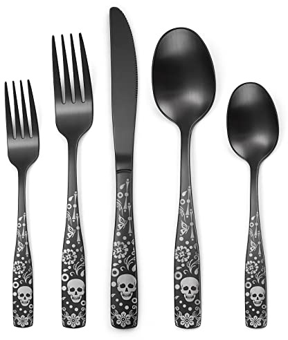 OIULO Pattern Matte Silverware Set for 8,40 Piece Gothic Black Flatware set,Skeleton Flower Bat Unique Pattern Design,Skull Knive Fork Spoon Spooky Utensils Cutlery,Halloween Party Supplies Event Tab