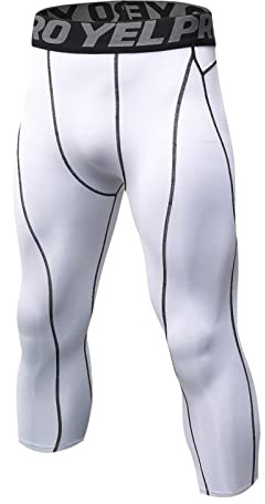 Ruowuhen Leggings Sportivi Uomo 3/4 Pantaloni a Compressione, Asciugatura Rapida Calzamaglia Baselayer for Gym Jogging Running Palestra Bianco L
