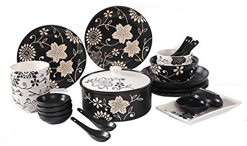 Vajilla de Estilo japonés de 26 Piezas, Juego de tazones y Platos, Juego de vajilla de Cocina y Comedor, Servicio Combinado para 6 Personas