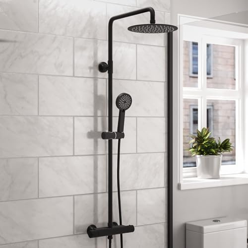 Modern Square or Round Exposed Thermostatic Mixer Shower Set Shower Head and Handheld Chrome or Matte Black