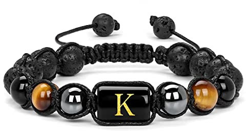 Armband mit Buchstaben, Armband Damen Schwarz Braun Lavagestein 8 mm Initial K Geflochtenes Perlenarmband Perlenarmbänder Geschenk für Frauen 30cmx8mm