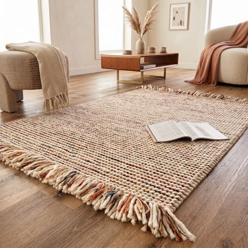 Rita Rugs Home Cara, 100% New Zealand Wool, Exquisite, Unique and Chunky Hand Woven Woollen Area Rug for Bedroom, Living Room, Boho, Farmhouse, Modern, Multi, 160cm x 230cm