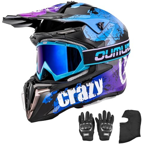 OUMURS Adult ATV Dirt Bike Helmet with Gloves & Mask Adjustable Sun Visor Motorcycle Adult Helmet Off-Road Motocross Downhill Moped MX for Unisex-Adult-Crazy Blue, XL